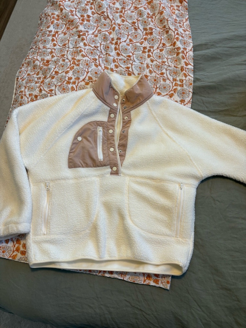 Cream Sherpa Fleece Pullover with Taupe Pocket